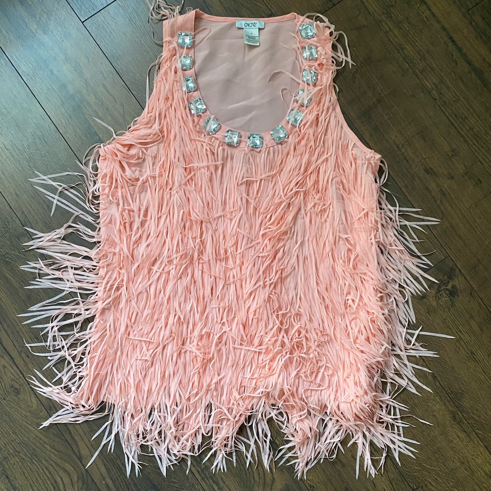 CACHE. Peach Feathered Top with Embellishments